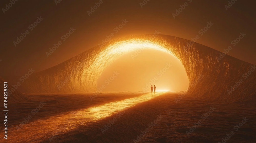 Poster A mesmerizing bridge made entirely of radiant light spans two worlds, inviting two figures to embark on a journey through this ethereal connection. The surrounding landscape glows warmly