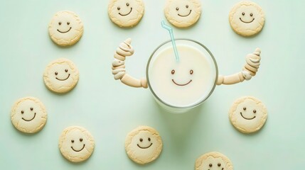Obraz premium Happy glass of milk with muscular arms stands among smiling cookies on a light mint background, perfect for healthy eating advertisements.