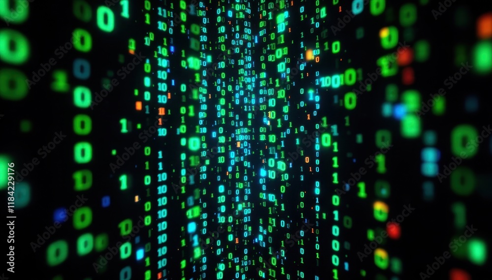 Poster Digital rain: flow of binary code in a futuristic matrix environment