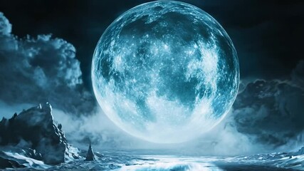 A massive glowing full moon rises above a dramatic icy landscape under a starry sky, exuding otherworldly beauty and mystery. Perfect for themes of the cosmos and surreal environments.