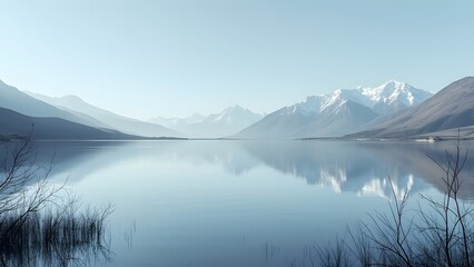 Serene Minimalist Lake Landscape, Mountain Reflection, Clear Sky, Sparse Vegetation