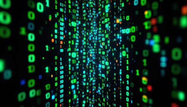 Digital rain: flow of binary code in a futuristic matrix environment