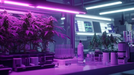 Cannabis plants in a laboratory illuminated by purple and white irradiation lights, with advanced control systems and research tools adding to the scene detail in 4K.