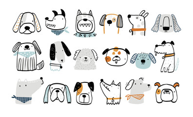 Set with cute hand drawn dogs. Cartoon dog or puppy characters design collection. Set of funny pet animals isolated on white background. Vector funny illustration for kids. Doodle. Seketch.