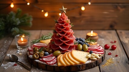 Festive Iberian Charcuterie Board, Christmas Salchichon Tree with Manchego, Olives & Radishes