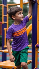 Obraz premium A boy in a purple tshirt with orange stripes and green shortsclimbing on a jungle gym