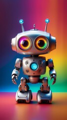 Naklejka premium A robot with bright lights on its head and body stands on a colorful background