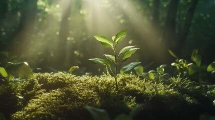 Obraz premium Small plant in sunlight on mossy ground in a serene forest