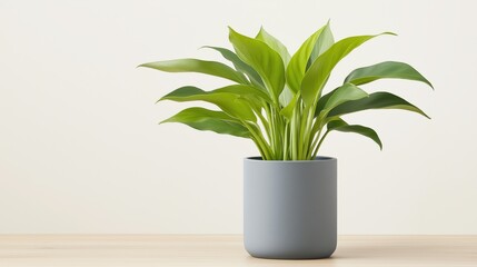 Green potted plant with vibrant leaves on a wooden surface in a modern setting.