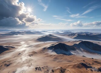 Blue sky with wispy clouds above a vast landscape , large, limit