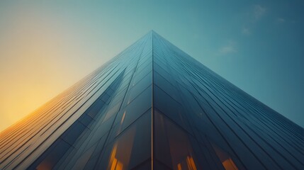 Modern glass skyscrapers pierce the skyline with reflective facades catching sunrise light, creating dramatic geometric shapes in an urban landscape with minimalist design and contemporary corporate a
