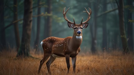 Fototapeta premium Majestic deer in misty autumn forest.