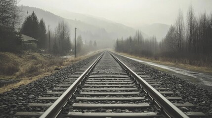 Misty mountain railroad tracks receding into the distance.