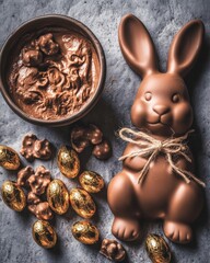 A chocolate bunny surrounded by golden eggs and a bowl of chocolate mousse.