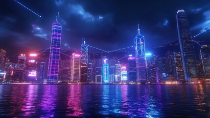 Obraz premium 5G smart city night skyline with digital connections and neon lights