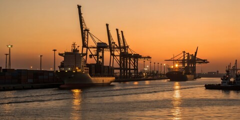 Fototapeta premium Sunset over the busy port with cargo ships and cranes silhouetted against the evening sky