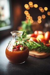 A delightful pomegranate molasses sauce presented in a charming pitcher with fresh herbs and vibrant fruits on a rustic table setting, perfect for culinary inspiration.