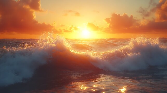 Sunset waves crashing on orange horizon high resolution hd picture