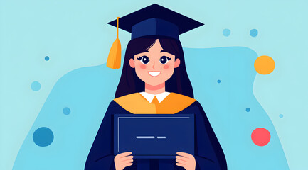 A cheerful graduate in a cap and gown holds a diploma, celebrating academic achievement against a colorful background.