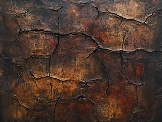 A deeply cracked and rugged bark of a mahogany tree, with dark brown tones and a reddish undertone adding depth.