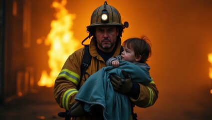 Obraz premium Brave Firefighter Rescues Child from Fiery Scene