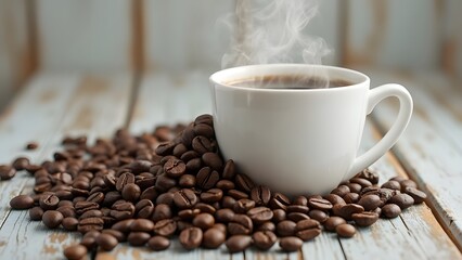 Fototapeta premium Artisan Coffee Beans and Steaming Cup on Rustic White Wooden Background, Aromatic Coffee Photo