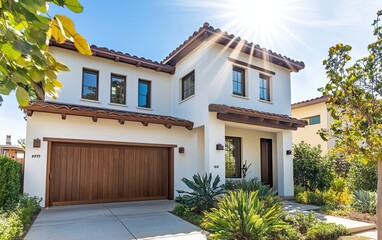 Fototapeta premium A stunning modern house with two floors, a wooden garage door, and white walls, set against the backdrop of sunny weather.