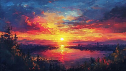Obraz premium Vivid sunset over a lake and city landscape, vibrant colors, artistic digital painting.