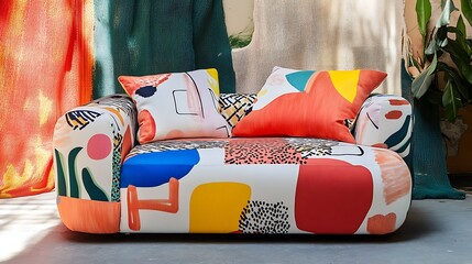 Amusing sofa with a playful, oversized backrest and vibrant fabric patterns 