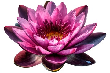A vibrant pink water lily with layered petals and a yellow center, showcasing natural beauty.