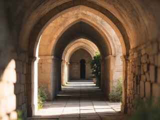 Fototapeta premium Historic Stone Archway Corridor with Natural Light