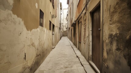 Obraz premium Narrow, aged alleyway between old buildings. Stone pavement, weathered walls, closed doors.