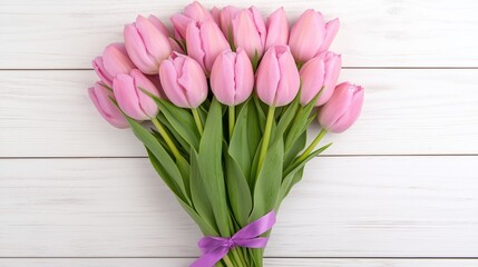 Bouquet of Pink Tulips Tied with a Purple Ribbon Resting on Light Wooden Surface for Spring Floral Composition and Decoration