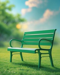 Solitary green bench on lush green grass under clear blue sky in serene nature landscape