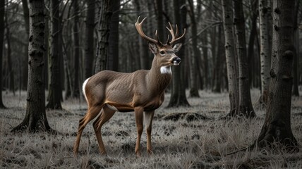 Majestic buck deer standing in a dark forest.