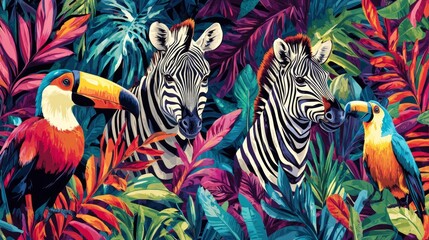 Vibrant wildlife exploration tropical forest digital illustration lush environment close-up view animal diversity