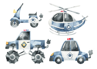 Watercolor hand drawn illustration of police transport. Cartoon police car, monster truck, moped, helicopter. Police illustration for children. Cute emergency vehicle. Patrol car. Isolated on white. © ZHUKO