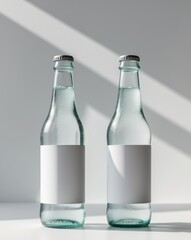 there are two bottles of soda with a white label on them.