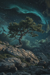 Solitary tree under a starry night with glowing aurora on rocky terrain