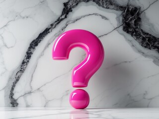 Glossy pink large question mark on a marble texture background