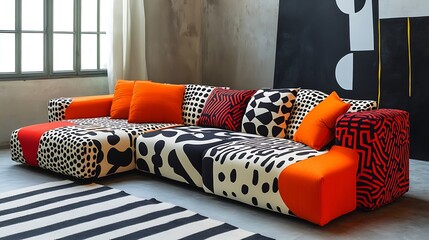 Amusing sofa with a playful design, featuring oversized cushions and bold patterns 
