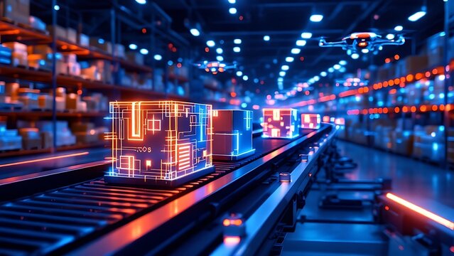 Smart warehouse management system using augmented reality technology to identify package picking and delivery . Future concept of supply chain and logistic busines