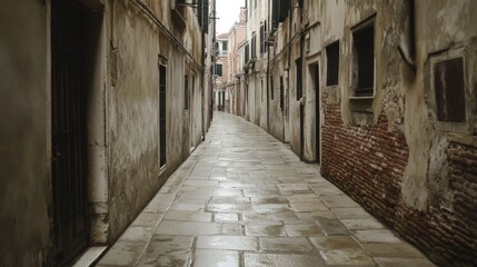 Obraz premium Narrow, curved alleyway in old European city with aged stone buildings and pavement.