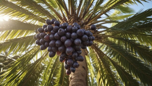 Acai berries ripe on a mature palm tree in the sunlight filtering through the leaves, ripened fruit, tropical fruit, botanical
