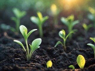 Fresh green seedlings growing in rich dark soil during springtime.