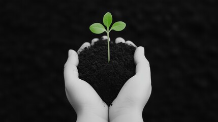 Hands Holding Small Plant Sprout Growing from Rich Soil Against Black Background Symbolizing Growth and Environmental Conservation