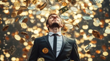 Celebrating wealth and success business environment money shower positive vibes inspirational concept