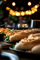 Fototapeta premium Savory Laotian Style Baguettes Served with Fresh Ingredients and Wine in a Cozy Dining Setting with Warm Ambiance