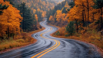 Fototapeta premium Winding road through autumnal forest; golden leaves, wet asphalt, scenic drive.