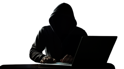 Mysterious Hacker Silhouette Working on Laptop in the Dark: Stock Photo for Cybersecurity, Hacking, and Technology Concepts transparency background